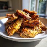 A close-up, appetizing pile of crispy Air Fryer Lemon Pepper Wings seasoned heavily with black pepper.