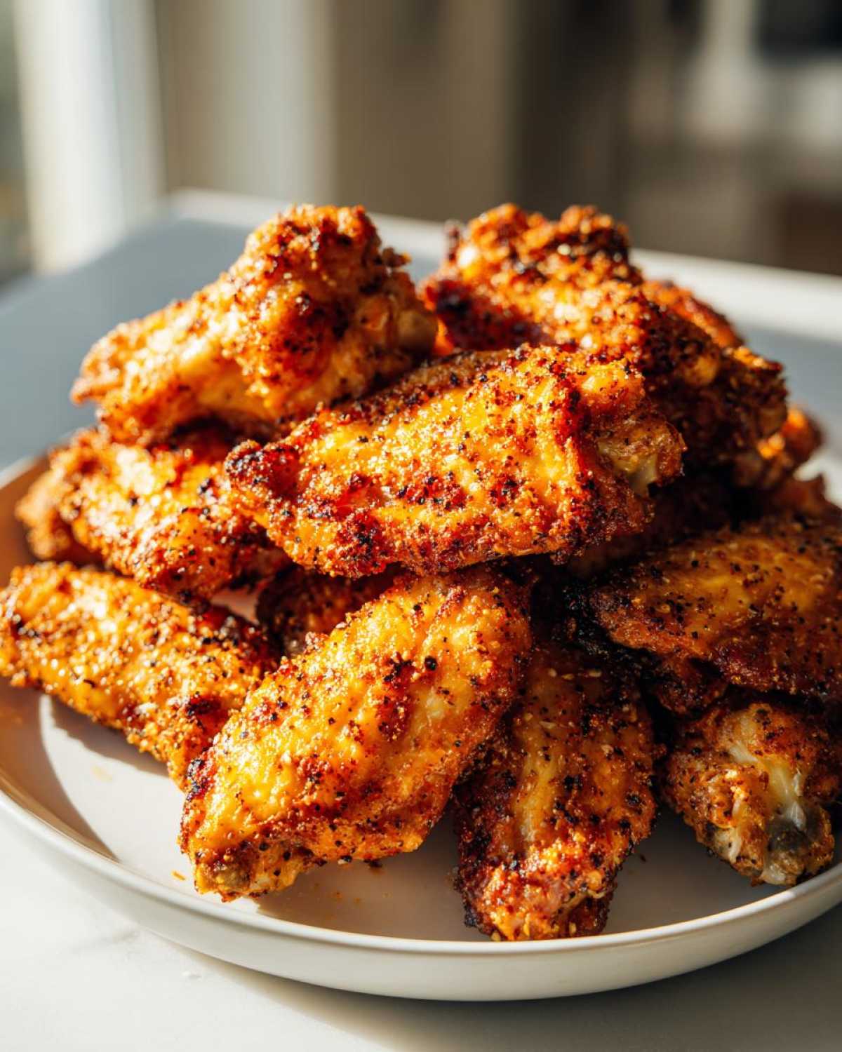 A close-up, bright photo of a pile of crispy Air Fryer Lemon Pepper Wings seasoned with visible pepper flakes on a white plate.