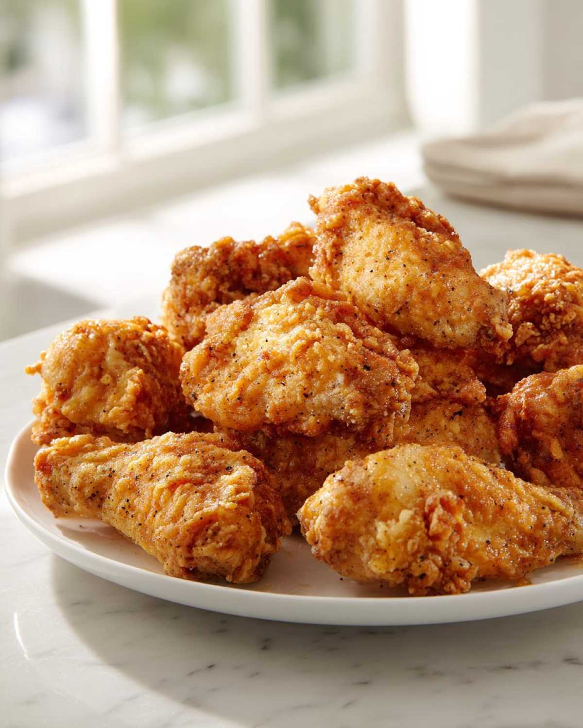 A plate piled high with golden brown, crispy Air Fryer Lemon Pepper Wings seasoned with visible black pepper.