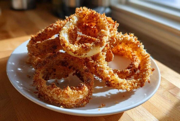 A pile of golden brown, crispy Air Fryer Onion Rings stacked on a small white plate near a sunny window.