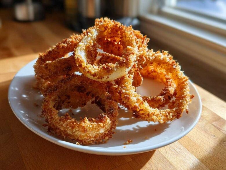 A pile of golden brown, crispy Air Fryer Onion Rings stacked on a small white plate near a sunny window.