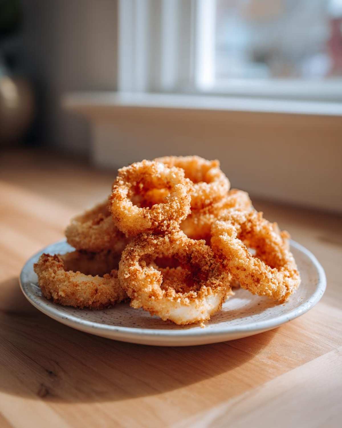 A close-up of crispy, golden Air Fryer Onion Rings piled high on a small speckled plate.