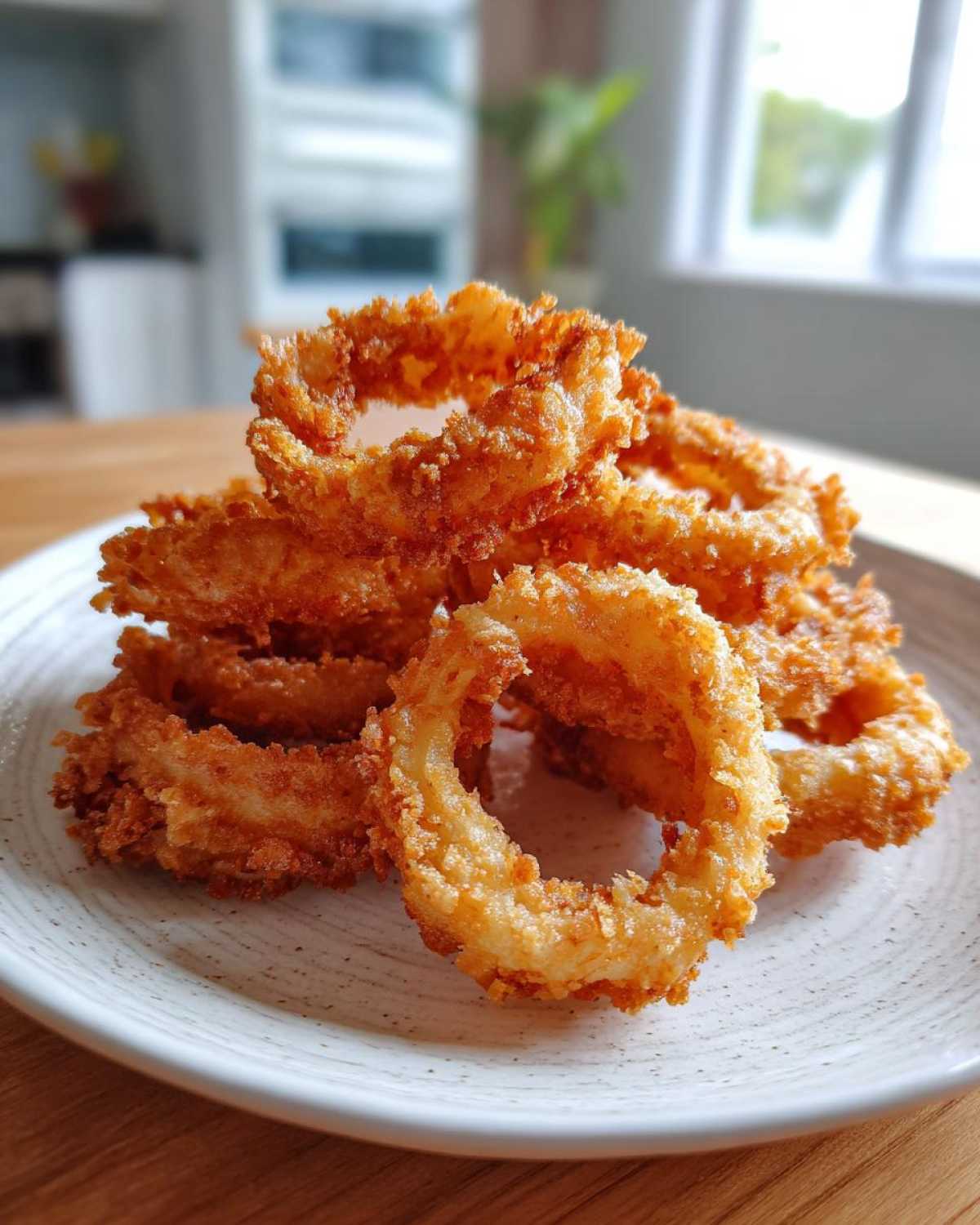 A close-up photo of a stack of golden brown, crispy Air Fryer Onion Rings served on a speckled white plate.