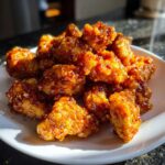 A pile of crispy, glazed Air Fryer Orange Chicken pieces served on a white plate.