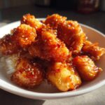 Close-up of crispy Air Fryer Orange Chicken pieces coated in sticky sauce and sesame seeds, served over white rice in a bowl.