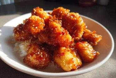 Close-up of crispy Air Fryer Orange Chicken pieces coated in sticky sauce and sesame seeds, served over white rice in a bowl.