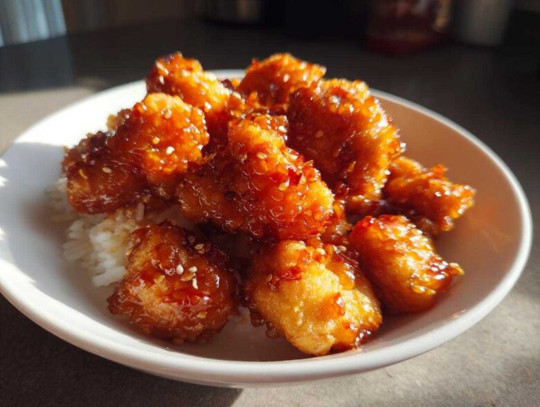 Close-up of crispy Air Fryer Orange Chicken pieces coated in sticky sauce and sesame seeds, served over white rice in a bowl.