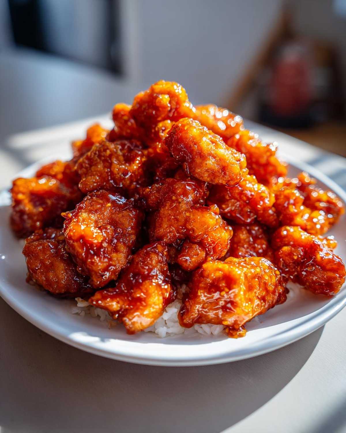 Close-up of crispy, glazed Air Fryer Orange Chicken piled high over white rice on a white plate.