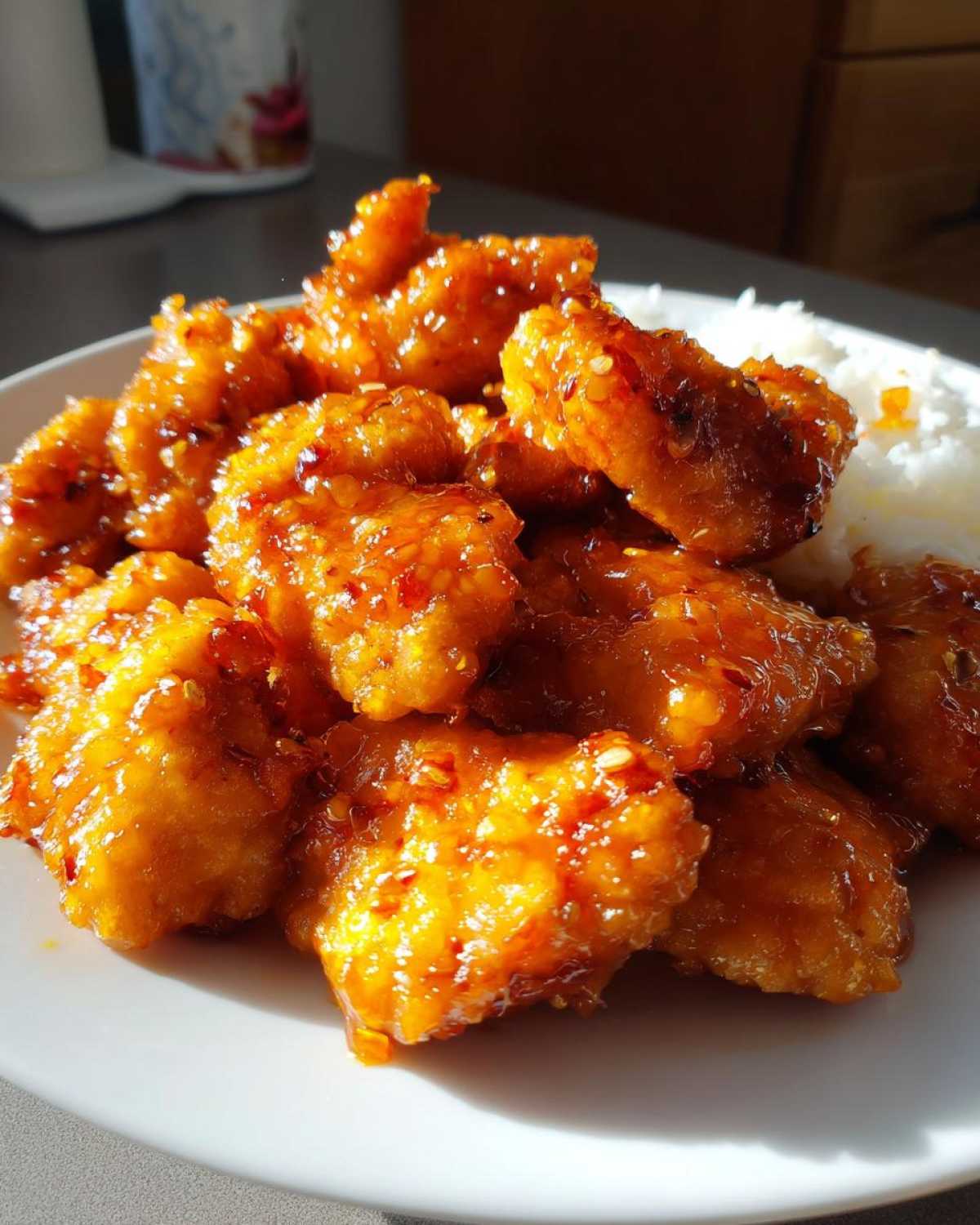 Close-up of crispy, glazed Air Fryer Orange Chicken pieces served next to white rice on a white plate.