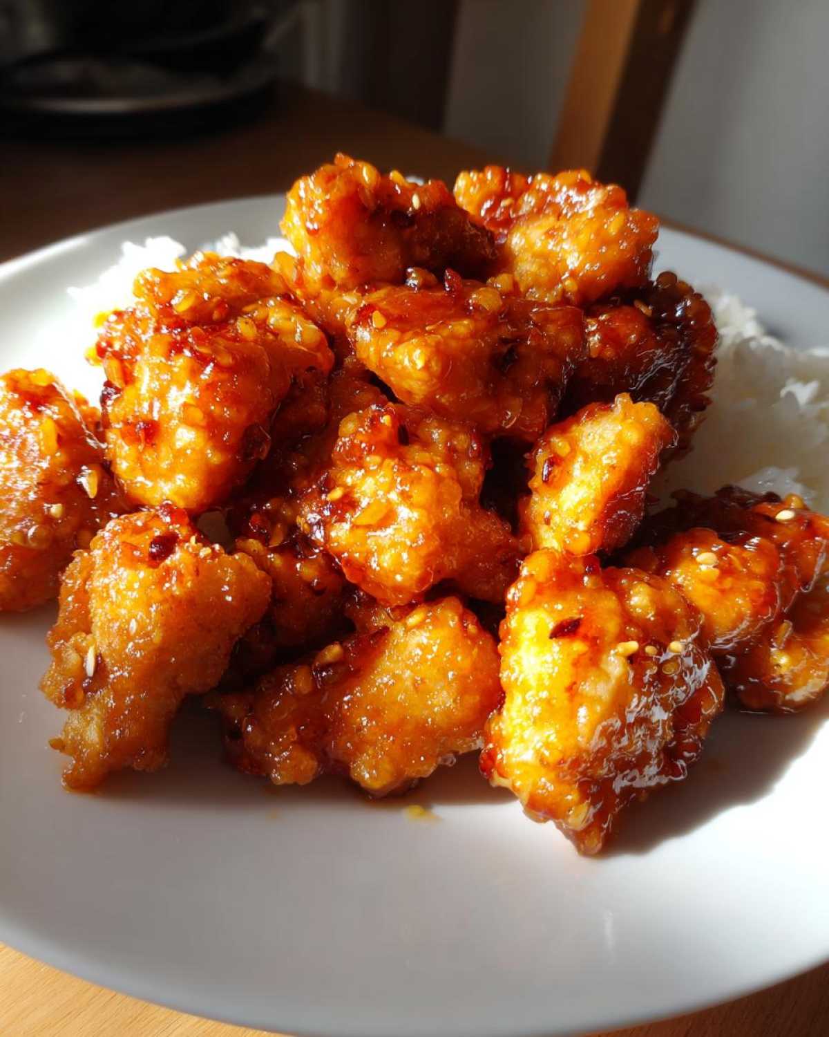 Close-up of crispy, glazed Air Fryer Orange Chicken pieces piled on white rice on a white plate.