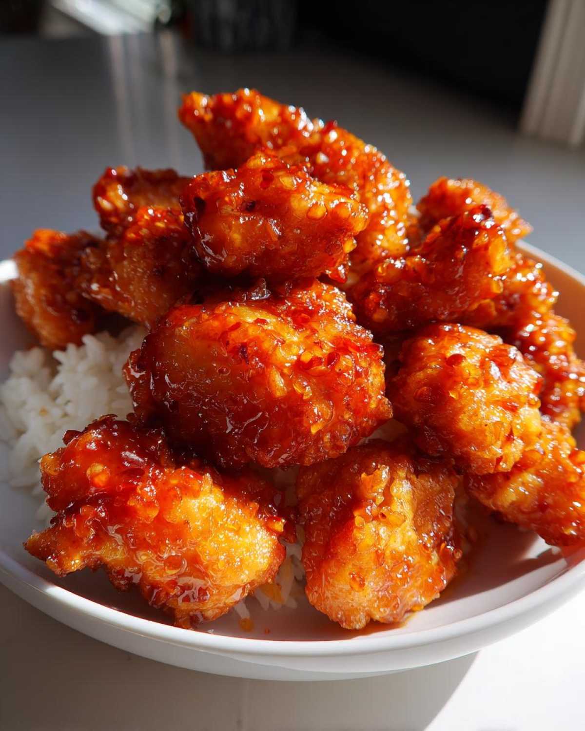 Close-up of crispy, glazed Air Fryer Orange Chicken pieces served over white rice in a bowl.