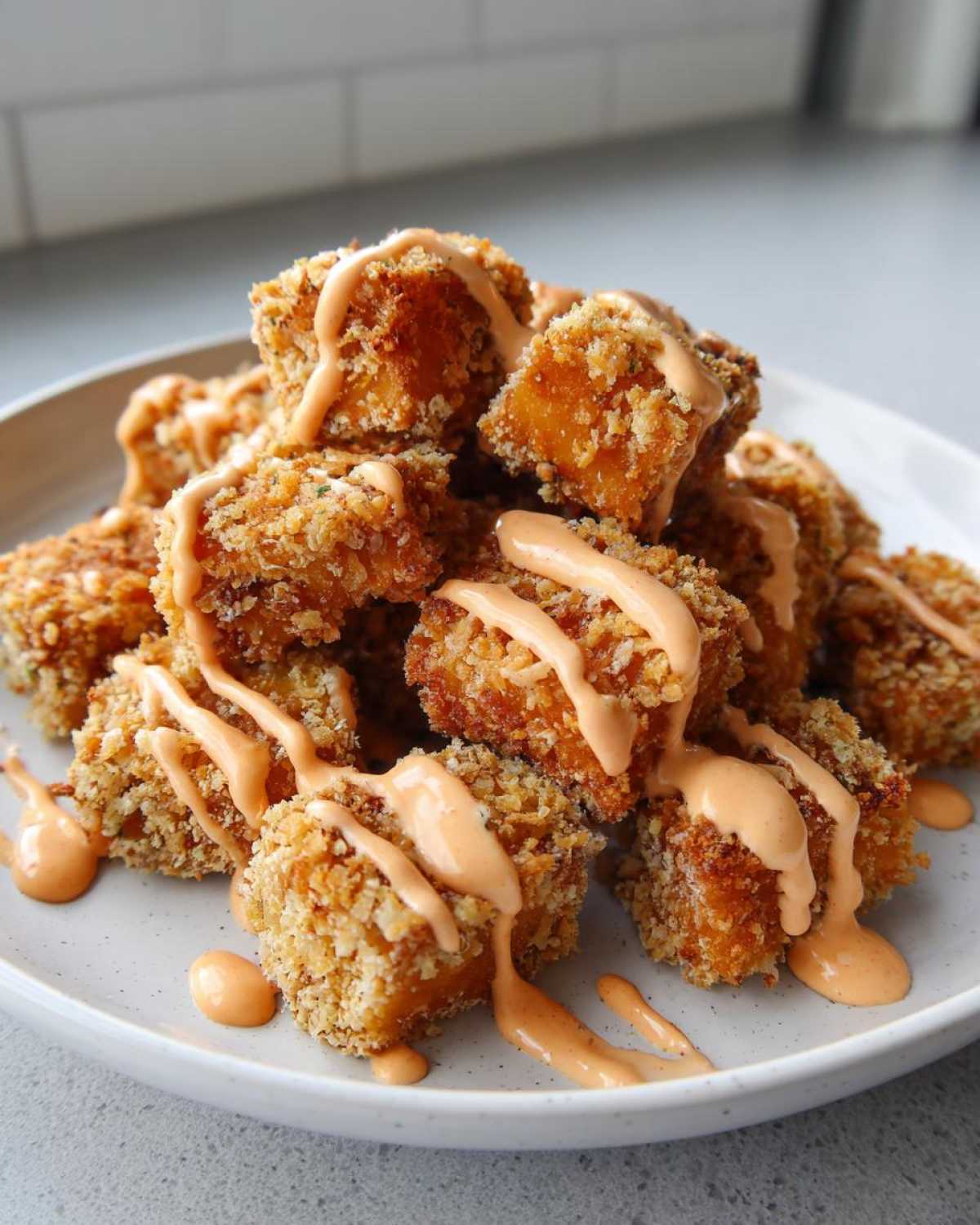 A pile of golden, crispy Air Fryer Salmon Bites generously drizzled with creamy orange Bang Bang Sauce on a light plate.
