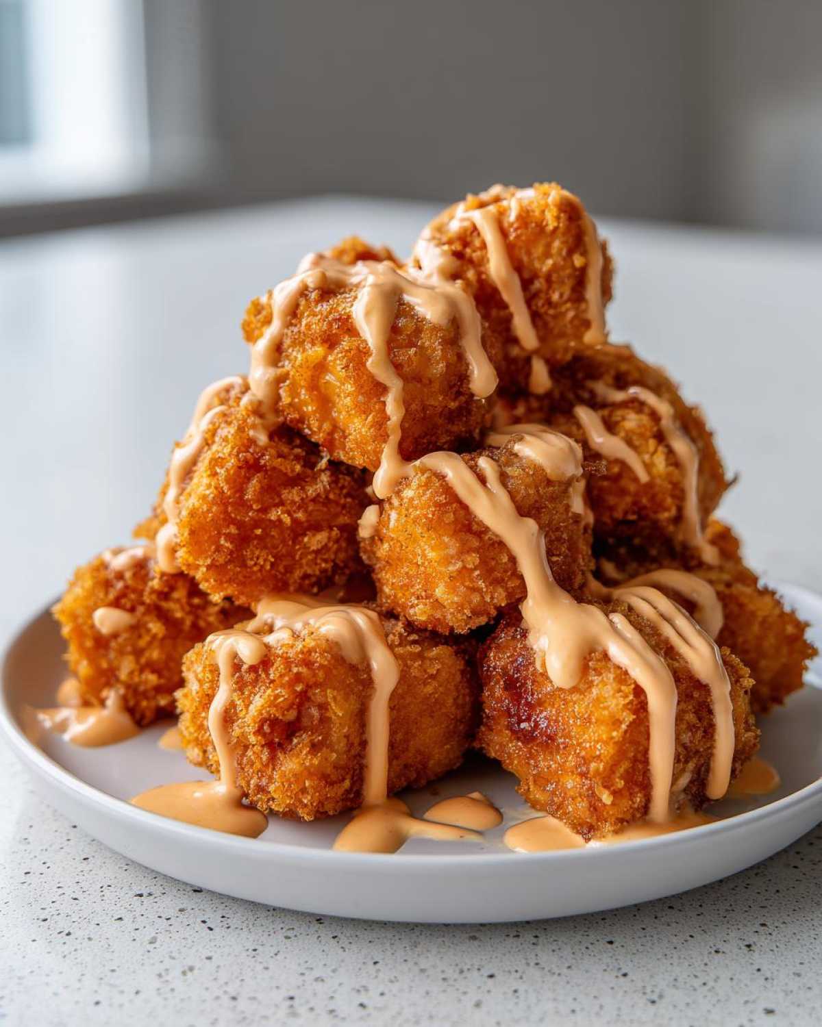 A pile of golden brown Air Fryer Salmon Bites drizzled generously with creamy Bang Bang Sauce on a white plate.