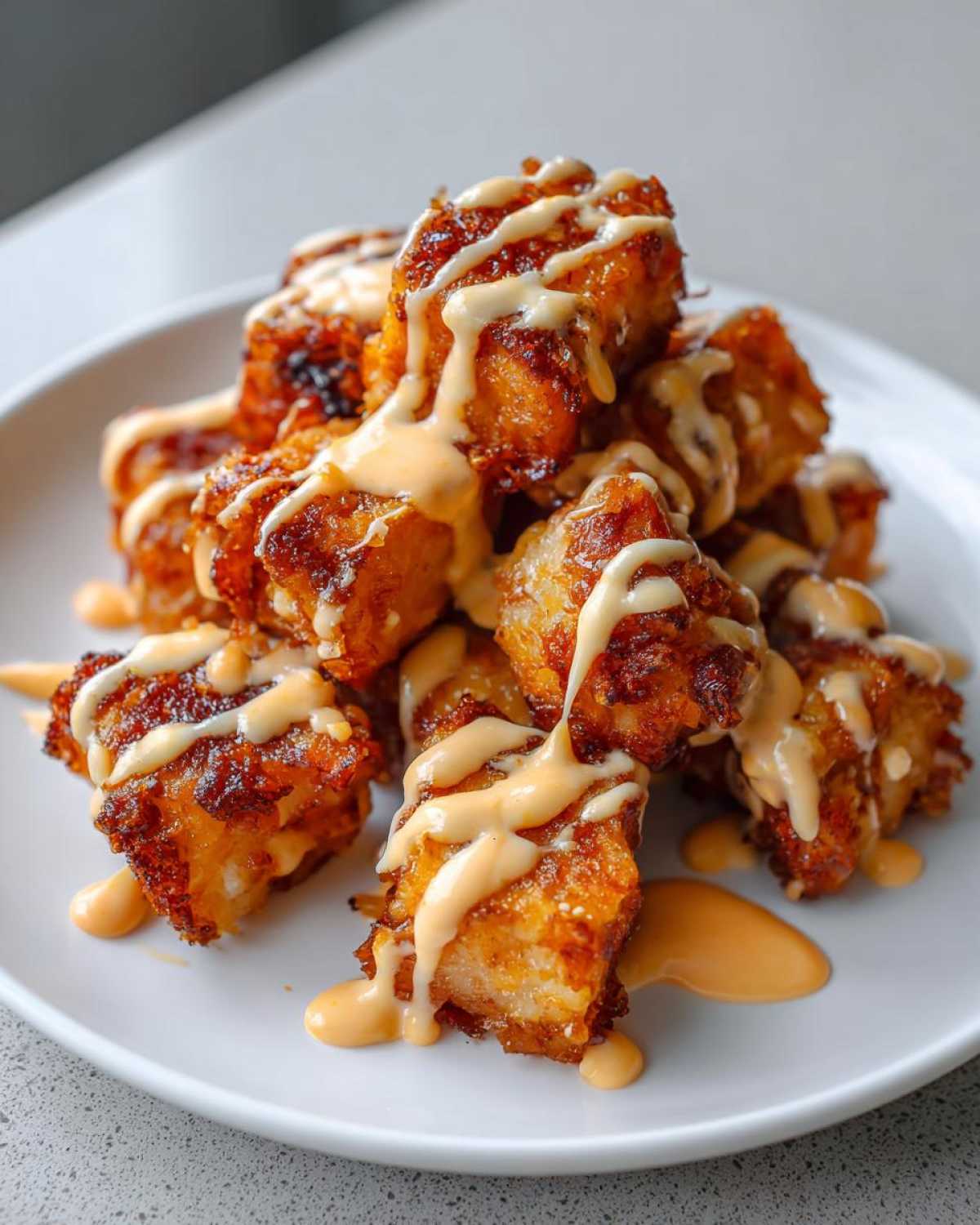 A pile of golden brown Air Fryer Salmon Bites drizzled generously with creamy Bang Bang Sauce on a white plate.