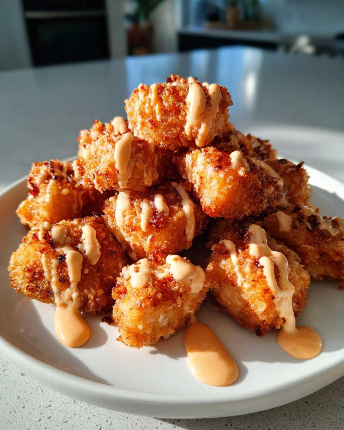 A pile of golden, crispy Air Fryer Salmon Bites drizzled generously with creamy Bang Bang Sauce on a white plate.