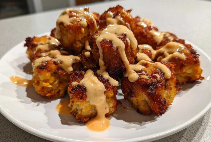 Close-up of crispy Air Fryer Salmon Bites generously drizzled with creamy Bang Bang Sauce on a white plate.