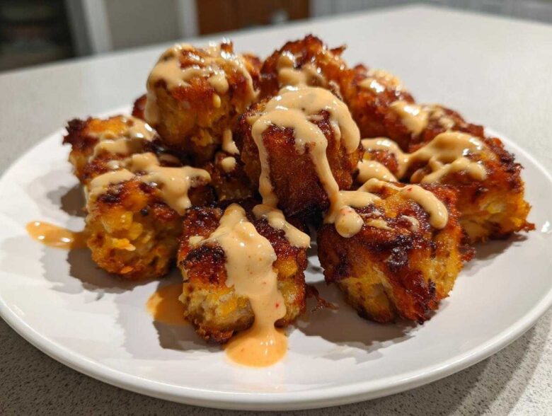 Close-up of crispy Air Fryer Salmon Bites generously drizzled with creamy Bang Bang Sauce on a white plate.