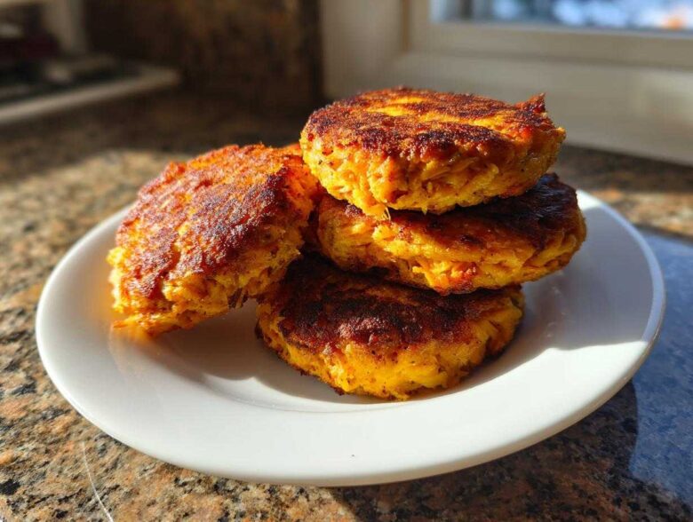 Four perfectly cooked Air Fryer Salmon Patties stacked on a white plate, showing a crispy, golden-brown exterior.