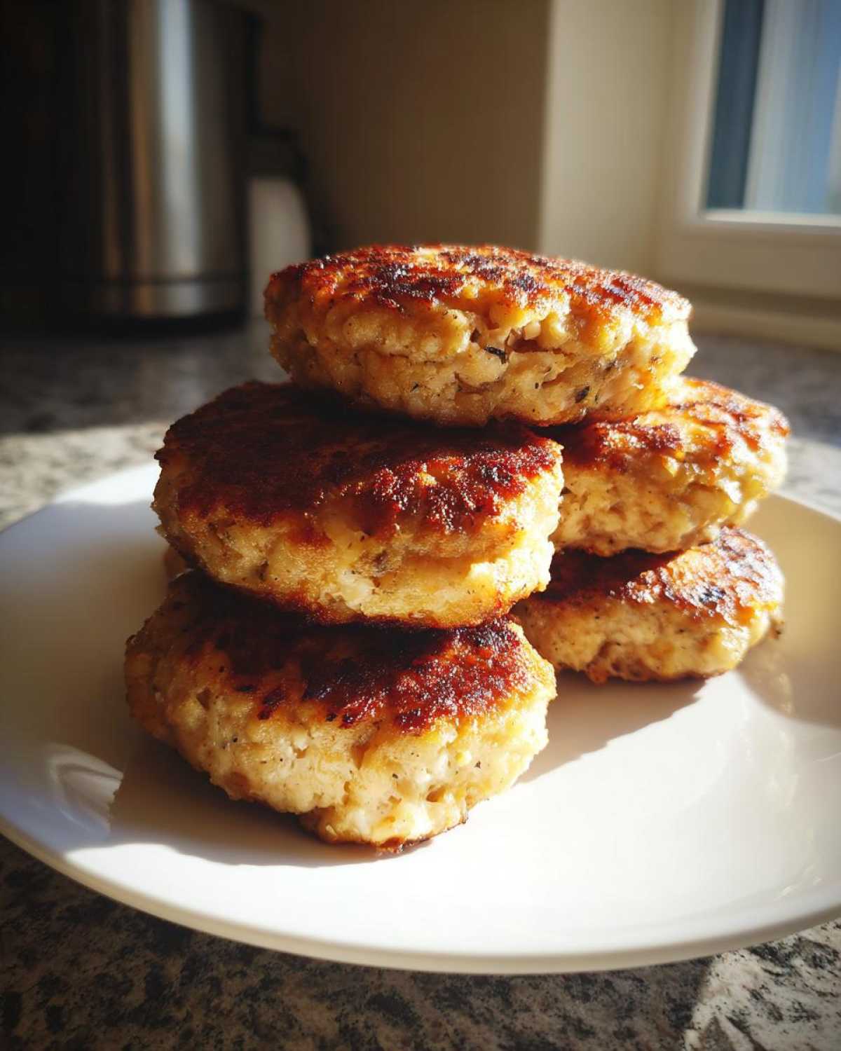 A stack of four perfectly cooked Air Fryer Salmon Patties with a golden-brown, crispy exterior on a white plate.