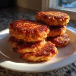 A stack of perfectly golden brown Air Fryer Salmon Patties resting on a white plate.