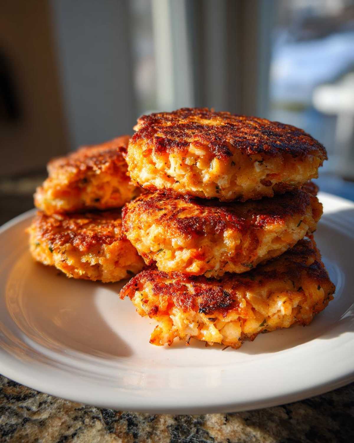 A stack of golden-brown, crispy Air Fryer Salmon Patties resting on a white plate.