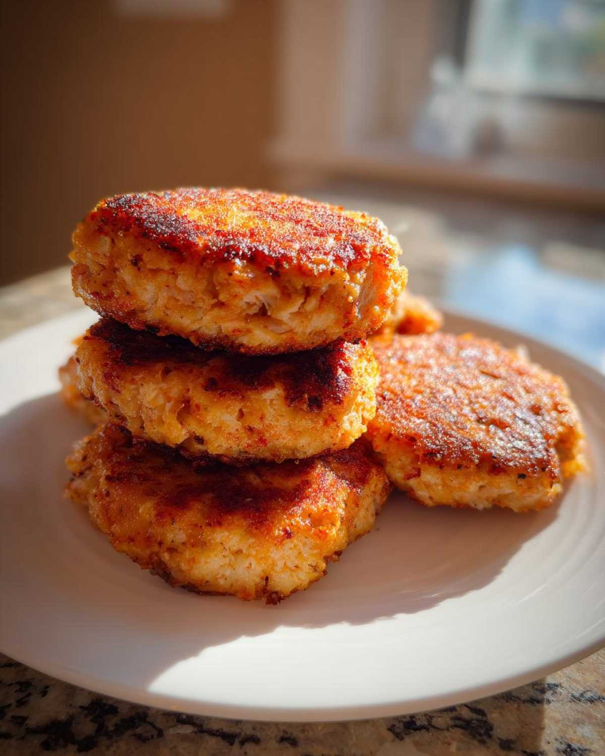 A stack of perfectly cooked, golden-brown Air Fryer Salmon Patties resting on a white plate.