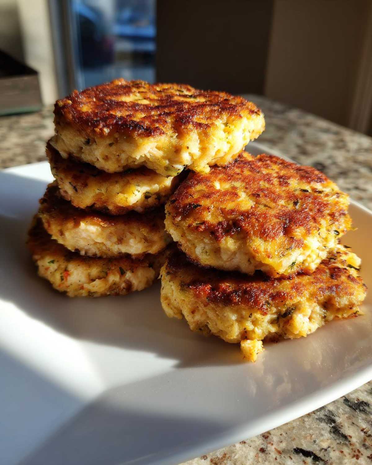 A stack of five perfectly browned Air Fryer Salmon Patties resting on a white square plate.
