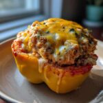 Close-up of a yellow Air Fryer Stuffed Bell Peppers topped with melted cheddar and white cheese.