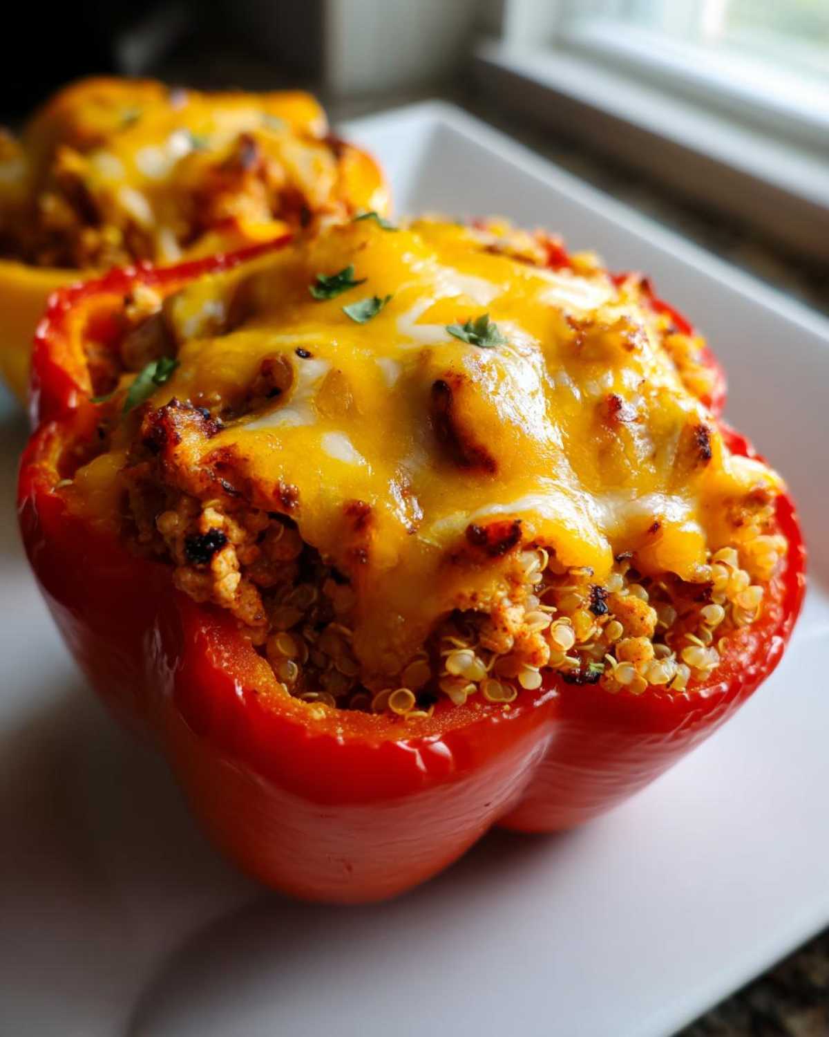 Close-up of a vibrant red Air Fryer Stuffed Bell Pepper topped with melted cheddar cheese and parsley.
