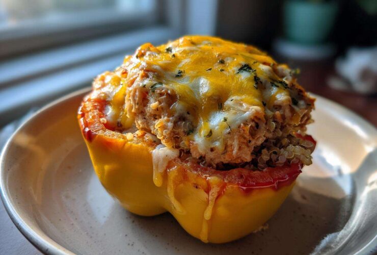 Close-up of a yellow Air Fryer Stuffed Bell Peppers topped with melted cheddar and white cheese.