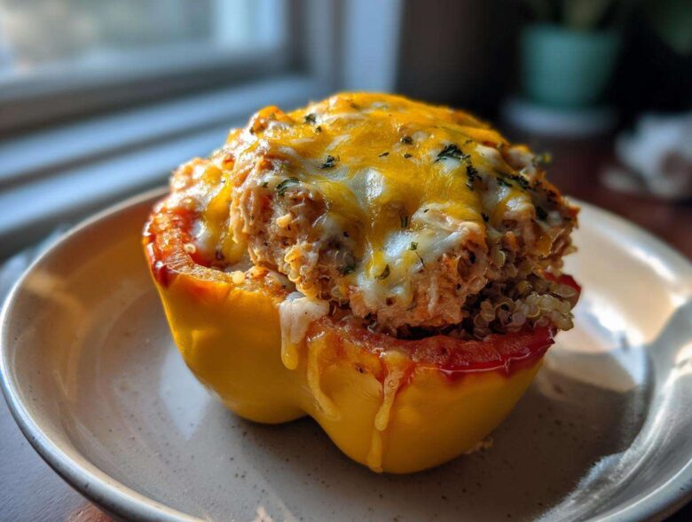Close-up of a yellow Air Fryer Stuffed Bell Peppers topped with melted cheddar and white cheese.