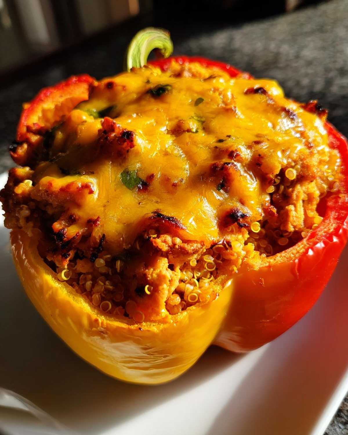 Close-up of a vibrant Air Fryer Stuffed Bell Pepper, golden yellow and red, topped with melted cheddar cheese.