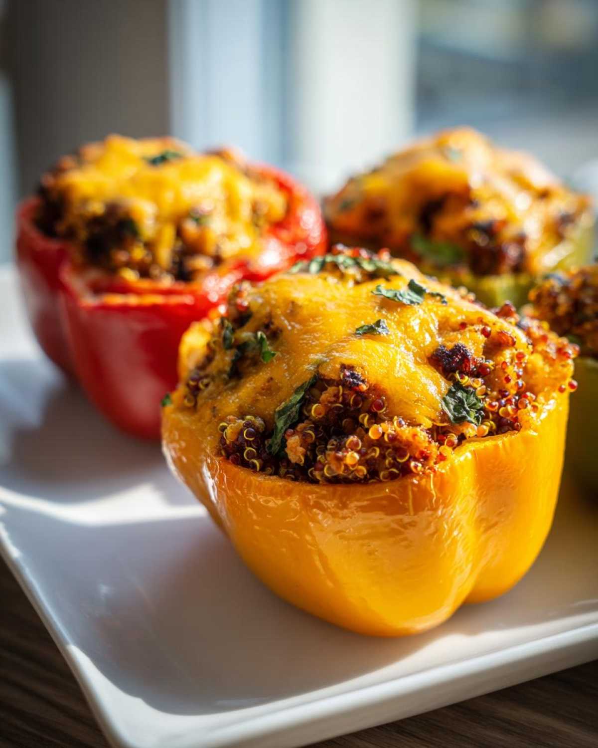 Close-up of bright yellow Air Fryer Stuffed Bell Peppers topped with melted cheddar cheese and herbs.