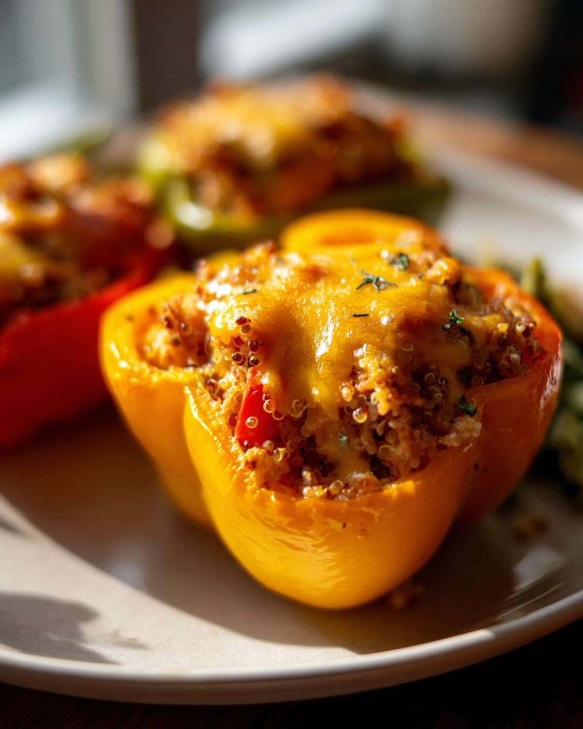 A close-up of a bright yellow Air Fryer Stuffed Bell Pepper topped with melted cheese and herbs.
