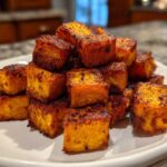 A close-up of perfectly crispy, seasoned Air Fryer Sweet Potato Cubes piled high on a white plate.
