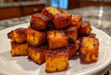 A close-up of perfectly crispy, seasoned Air Fryer Sweet Potato Cubes piled high on a white plate.