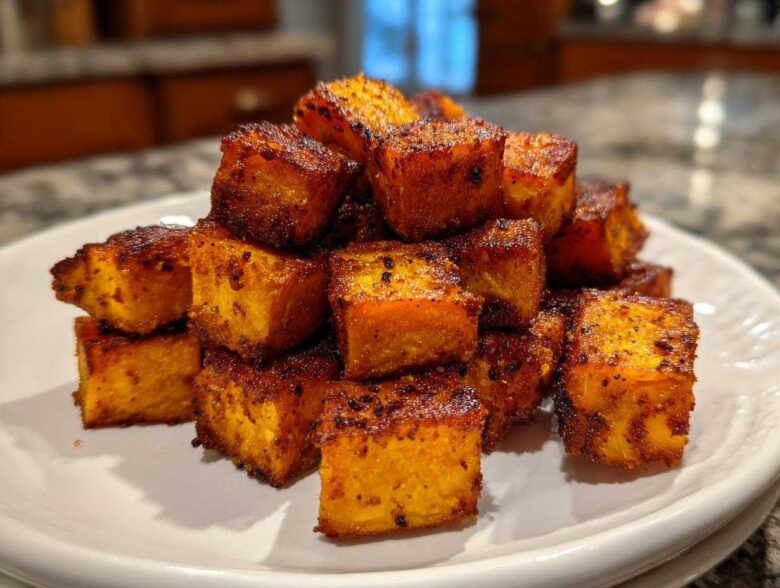 A close-up of perfectly crispy, seasoned Air Fryer Sweet Potato Cubes piled high on a white plate.