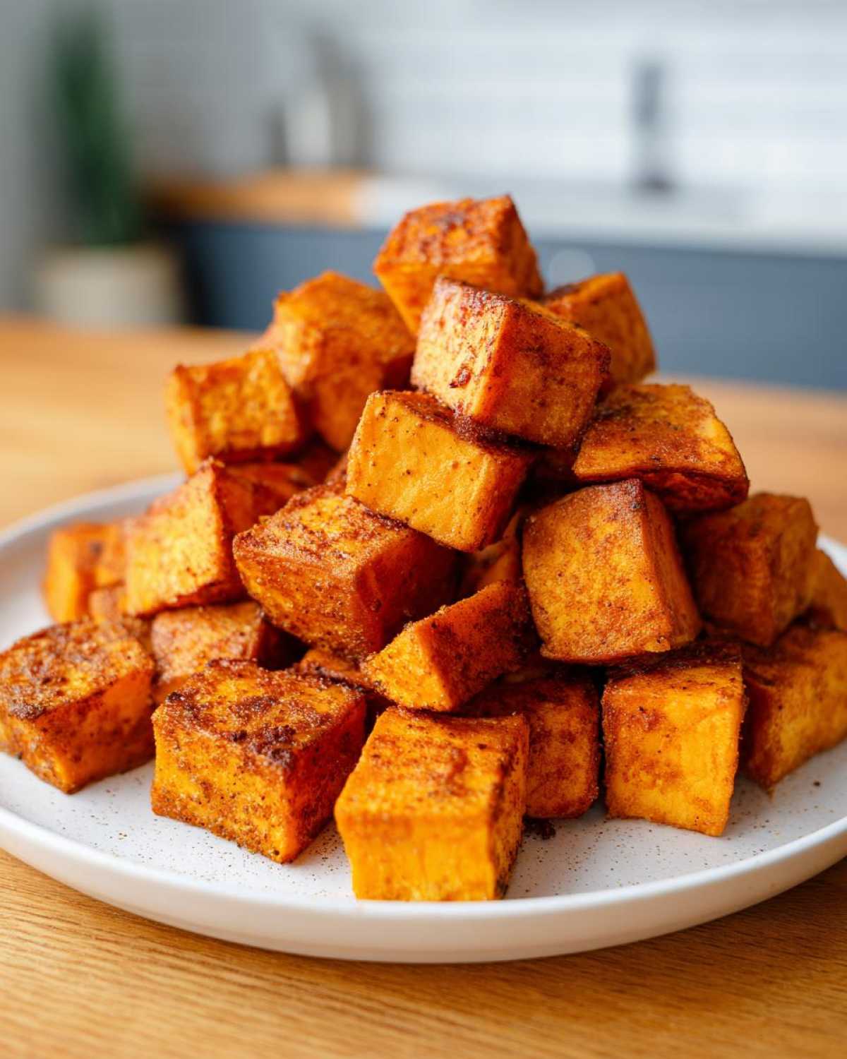A tall pile of golden brown, seasoned Air Fryer Sweet Potato Cubes stacked on a white plate.