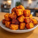 A mound of perfectly seasoned and crispy Air Fryer Sweet Potato Cubes piled high on a light gray plate.
