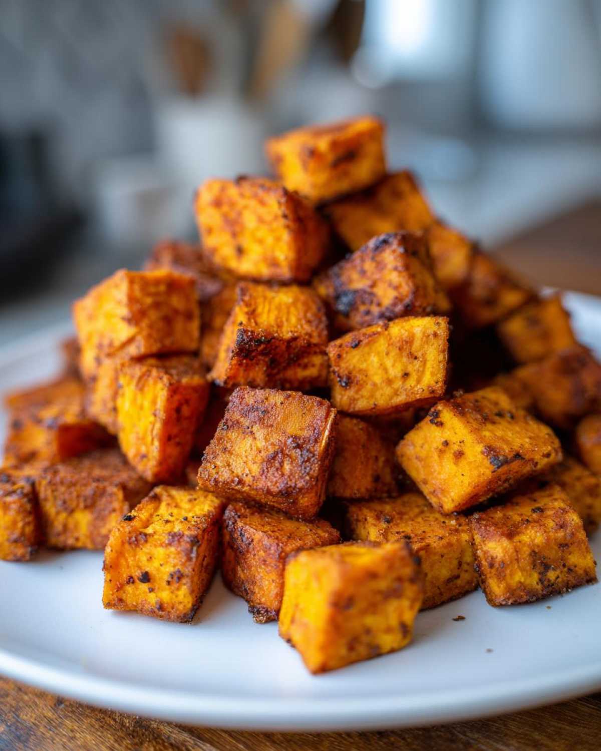A close-up pile of golden brown, seasoned Air Fryer Sweet Potato Cubes stacked on a white plate.