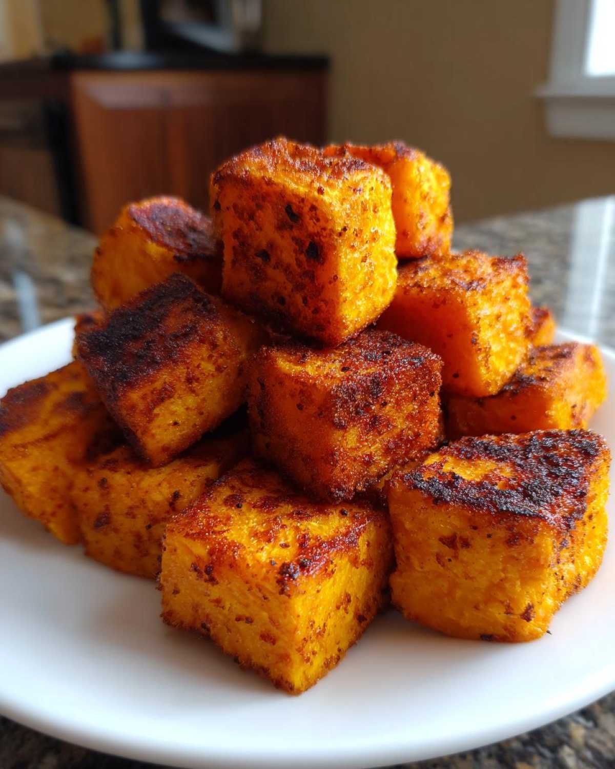 A close-up pile of perfectly seasoned and crispy Air Fryer Sweet Potato Cubes on a white plate.