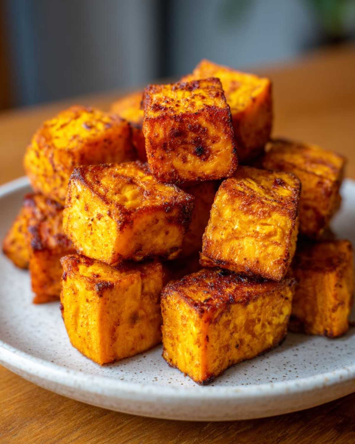 Close-up of a stack of golden brown, crispy Air Fryer Sweet Potato Cubes on a speckled white plate.
