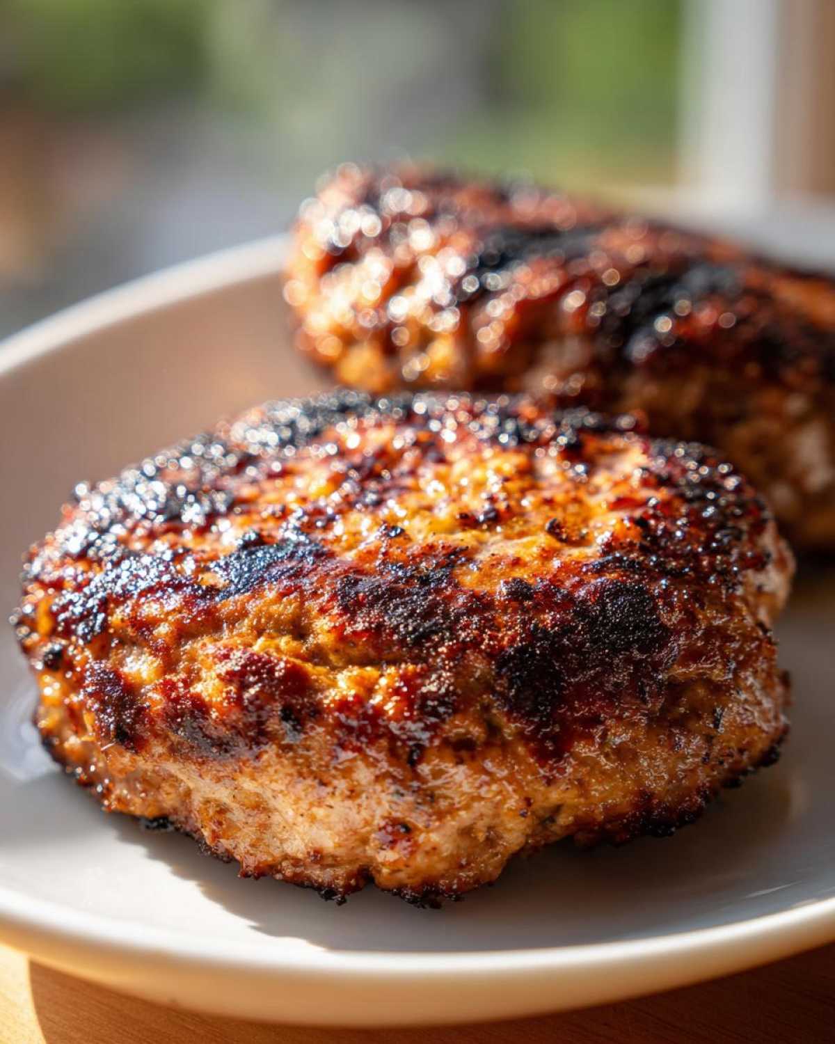 Close-up of two perfectly cooked Air Fryer Turkey Burgers with a dark, caramelized crust on a white plate.