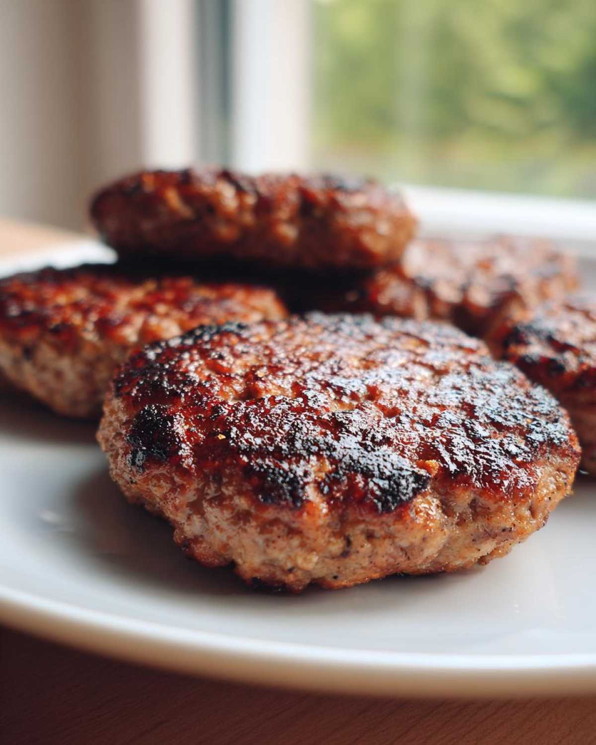 Close-up of several perfectly seared Air Fryer Turkey Burgers stacked on a white plate.