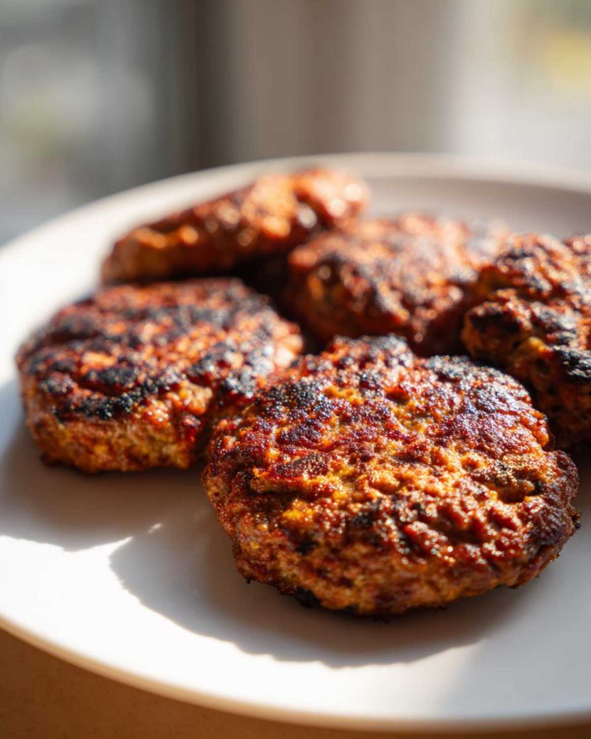 Close-up of several freshly cooked, well-seared Air Fryer Turkey Burgers resting on a white plate.