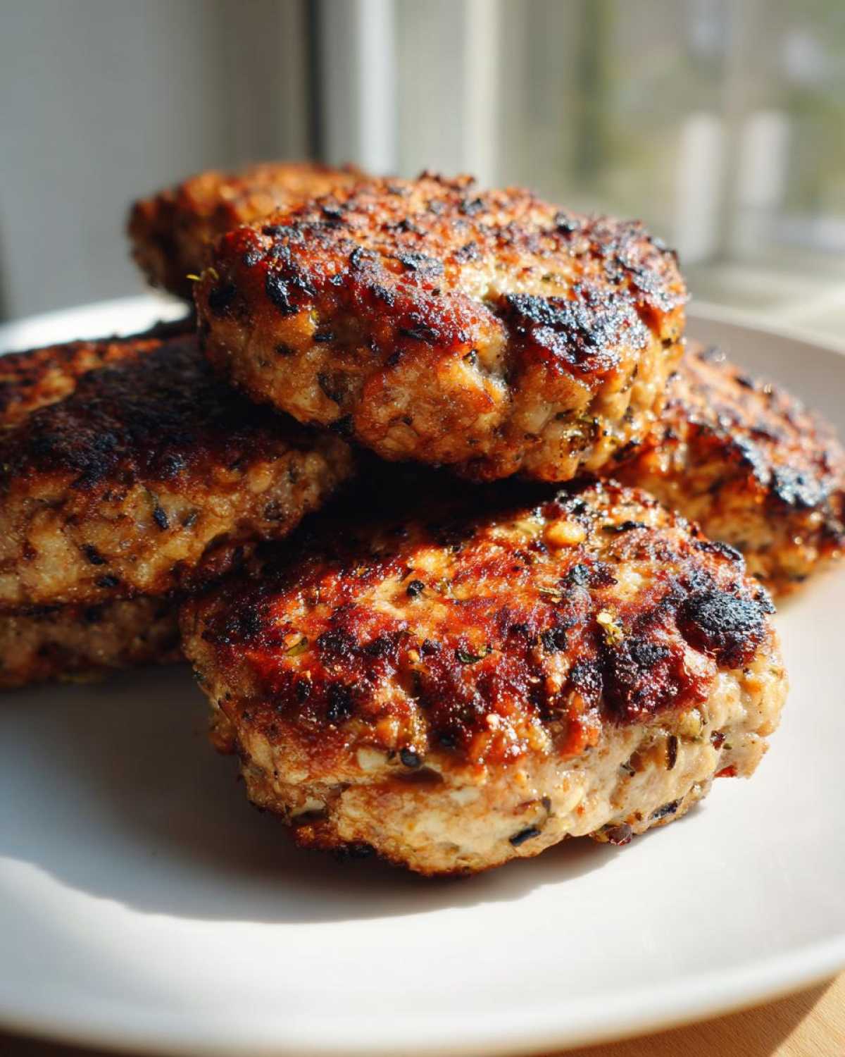 Close-up of several perfectly cooked Air Fryer Turkey Burgers stacked on a white plate, showing a nice crust.
