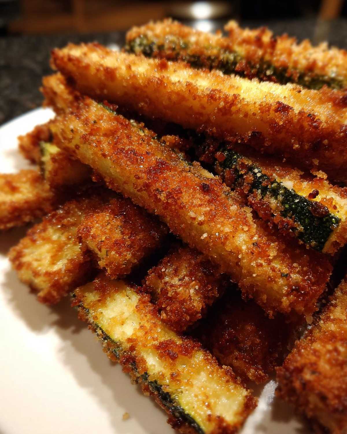 Close-up of crispy, golden-brown Air Fryer Zucchini Fries with Parmesan piled on a white plate.