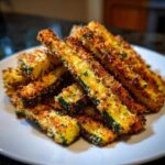A pile of golden brown, crispy Air Fryer Zucchini Fries with Parmesan served on a white plate.