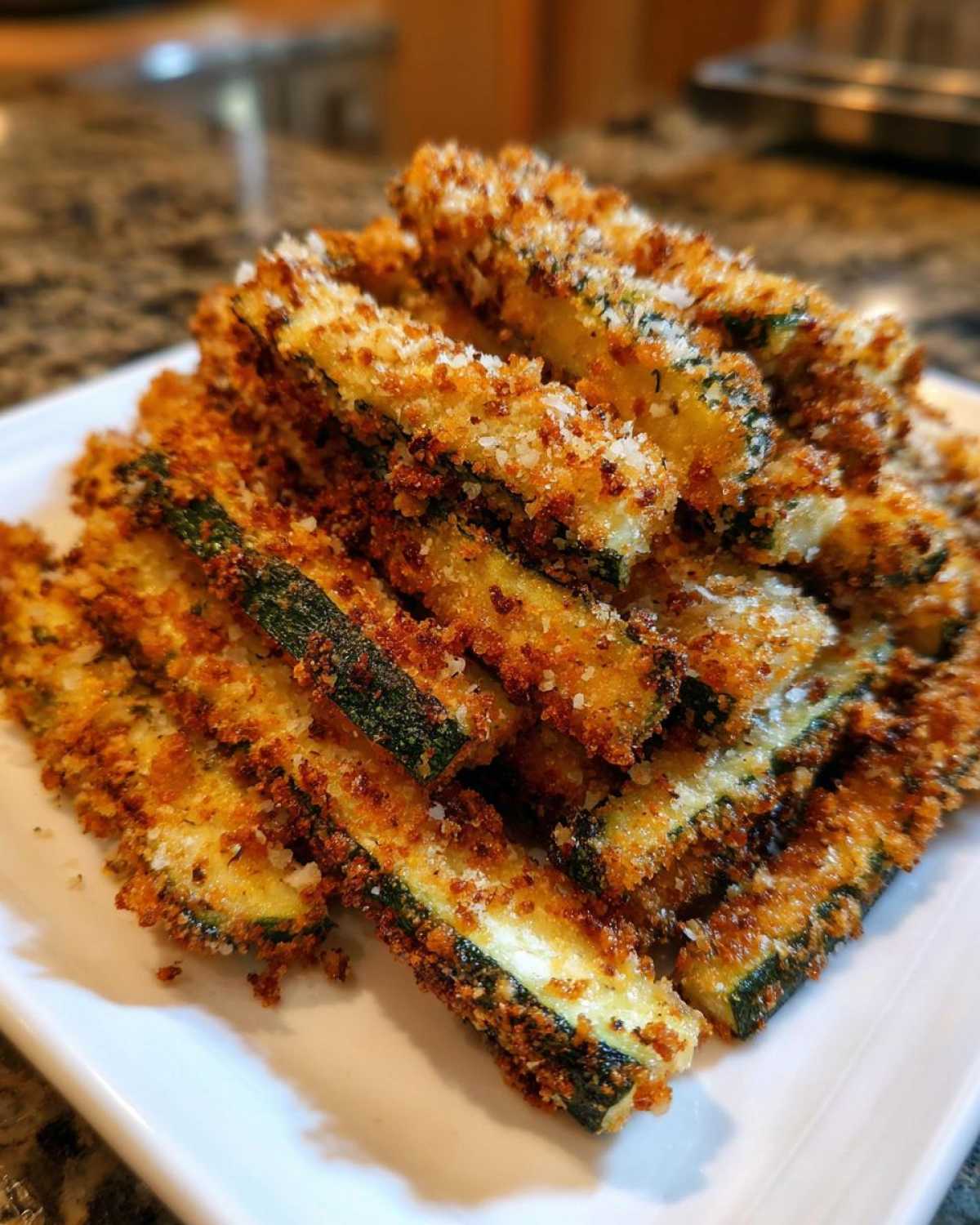 A pile of golden brown, crispy Air Fryer Zucchini Fries with Parmesan cheese sprinkled on top.