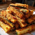 A close-up of a pile of crispy Air Fryer Zucchini Fries with Parmesan on a white plate.